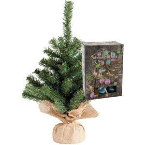 Kleine kunst kerstboom - H45 cm- incl. gekleurde kerstballen lichtsnoer