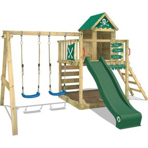 WICKEY speeltoestel klimtoestel Smart Cave met schommel & groene glijbaan, outdoor klimtoren voor kinderen met zandbak, ladder & speelaccessoires voor de tuin