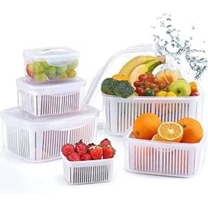 SHOP YOLO-koelkast bakjes-5 stuks koelkast containers voor opslag en het vers houden van producten-BPA-vrij met vergiet- bewaardozen voor groenten- wit
