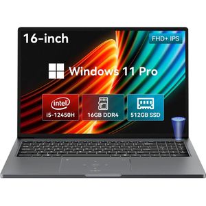 Blackview Laptop AceBook 12 Intel Core i5-12450H, 16-inch FHD, 16GB DDR4, 512GB SSD /2 TB, Win11 Pro Notebook, 57Wh Mega Batterij / 65W Snel Opladen, HDMI 2.0, QWERTY Toetsenbord, USB 3.0×3, Dual-Band WiFi 6 - Grijs