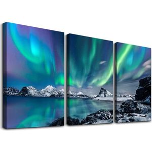 Foto's Noorderlicht, groen polarlicht sterrenhemel afbeelding op canvas, moderne natuur, Aurora landschapswandafbeeldingen woonkamer, slaapkamer, keuken, eetkamer en badkamer