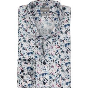 OLYMP comfort fit overhemd - popeline - wit met blauw en roze bloemen dessin - Strijkvrij - Boordmaat: 46