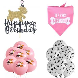 15-delige honden verjaardag set Happy Birthday roze met taarttopper, ballonnen en bandana - hond - huisdier - verjaardag - bandana - taarttopper