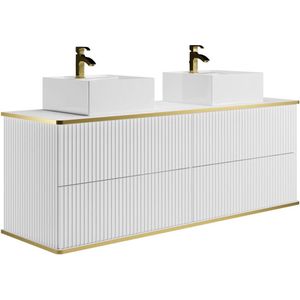 Vente-unique Hangmeubel voor badkamer met ribbels en goudkleurige rand met vierkante dubbele opbouwwastafel - Wit - 150 cm - KELIZA