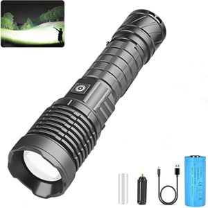 Extreem heldere led-zaklamp 100000 lumen, USB-C oplaadbaar, zoombaar, waterdicht, met 5 modi voor kamperen en noodgevallen