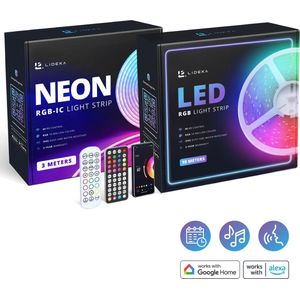 Lideka® - NEON RGBIC 3 Meter + RGB LED Strip 10 Meter - IP68 Voor Buiten - Zelfklevend met afstandsbediening En App - Smart LED Strip - Compatible met Google Home, Amazon Alexa En Siri