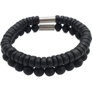 H-Beau - Duo – Cadeau - Set van 2 Handgemaakte Armbanden - Breedte: 8mm – Lengte: 21cm - Zwart - Mannen Armband - Natuurstenen - Natuurkralen - Onyx – Kokos – Hout - Kralen - RVS Kraal – Mat – Heren – Uniseks - Geschenk