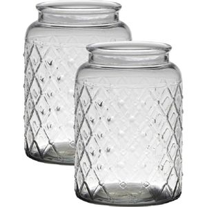 2x stuks transparante bloemenvaas met ruitjesprint van glas met hoogte 23 cm en diameter 16 cm