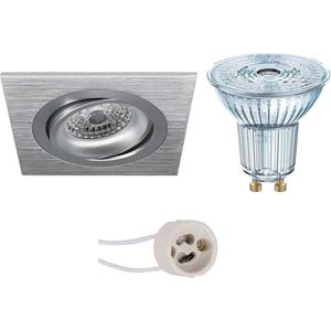 LED Spot Set - OSRAM Parathom PAR16 927 36D - Pragmi Borny Pro - GU10 Fitting - Dimbaar - Inbouw Vierkant - Mat Zilver - 5.5W - Warm Wit 2700K - Kantelbaar - 92mm