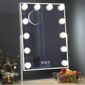 Verlichte Make-Up Spiegel met 12 Dimbare LED Lampen, 3 Kleuren en 10x Vergroting