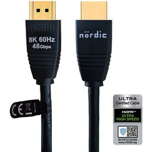 NÖRDIC HDMI-515 HDMI naar HDMI kabel - Gecertificeerd - HDMI2.1 - 8K60Hz - 48Gbps - Vergulde connectoren - 1.5m - Zwart