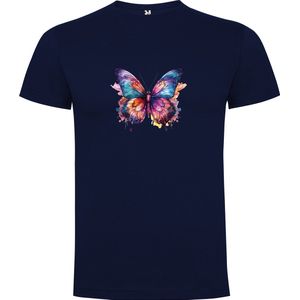 Donker Blauw T-Shirt met “ Kleurrijke Pachtige Vlinder“ Print Full Color Maat M