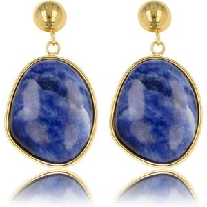 Gouden oorsteker met echte Lapis Lazuli edelsteen - Oorbel goud met ronde Lapis Lazuli hanger - Met luxe cadeauverpakking