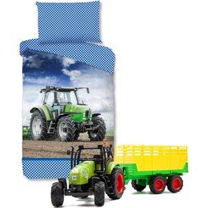 Good Morning Tractor kinderdekbedovertrek - eenpersoons -140x200 cm 100% katoen- Boerderij- incl. Tractor speelset met Silagewagen.