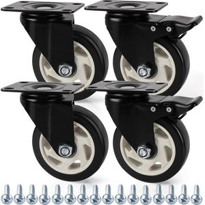 Zware Kwaliteit Zwarte Swivel Zwenkwielen 100mm - Met Remmen & Metalen Platen - Maximale Capaciteit 320 kg - Voor Trolleys, Meubels & Werkbanken