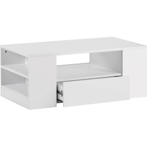 Merax Hoogglans Salontafel - Moderne Woonkamer Tafel met 2 Lades en 2 Planken - Bijzettafel met Verlichting - Wit