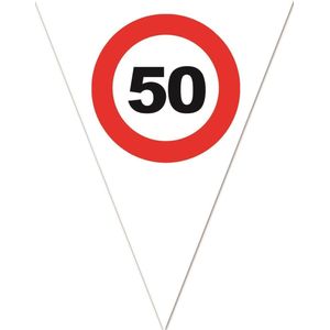 Leeftijd verjaardag vlaggenlijn met 50 jaar stopbord opdruk 5 meter - Plastic - 10-vlaggetjes per slinger - Feestartikelen/versiering