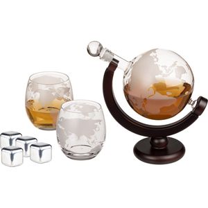 Whiskey karaf cadeau set - met 2 glazen en koelstenen - 850 ml - wereldbol