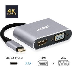 A-KONIC© Usb-C naar VGA Adapter - 2 in 1 HUB - Compatible Apple Macbook Pro - Chromebook - IMAC - XPS - Dell - Lenovo - HP - Spacegrey