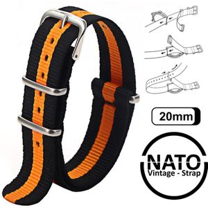 20mm Premium Nato Strap Zwart Oranje - Vintage James Bond - Nato Strap collectie - Mannen - Horlogeband - 20 mm bandbreedte voor oa. Seiko Rolex Omega Casio en Citizen