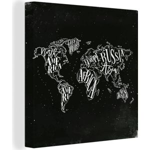 Canvas Wereldkaart - 90x90 - Wanddecoratie Wereldkaart - Zwart - Wit- Sterrenhemel