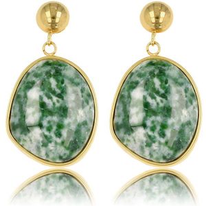 Gouden oorsteker met echte Green Spotted Jade edelsteen - Gouden oorbel met ronde hanger en Green Spot Jade edelsteen - Met luxe cadeauverpakking