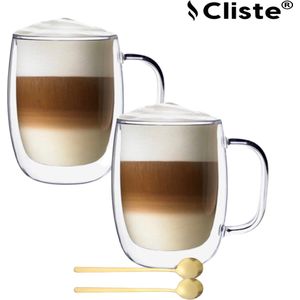 Dubbelwandige Koffieglazen Met Oor Met Gratis 2x Goud Lepels - Latte Macchiato Glazen - 400ML - Dubbelwandige Theeglazen - 2x - Cappuccino Glazen