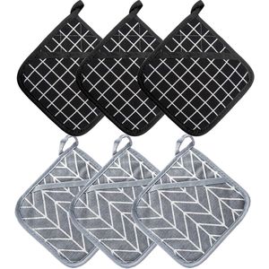 Hittebestendige Ovenwanten en Pannenlappen - Set van 6 - Zwart-Grijs - Gerecycled Katoen - 18 cm x 18 cm
