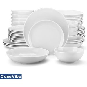 CasaVibe Luxe Serviesset – 48 delig – 12 persoons – Porselein - Bordenset – Dinner platen – Dessertborden - Kommen - Set - Wit