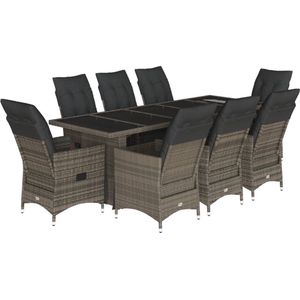 vidaXL 9-delige Bistroset met kussens poly rattan grijs - Bistroset - Bistrosets - Loungeset - Tuinset