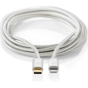Nedis Lightning Kabel - USB 2.0 - Apple Lightning 8-Pins - USB-C Male - 480 Mbps - Verguld - 1.00 m - Rond - Gevlochten / Nylon - Aluminium / Zilver - Cover Window Box