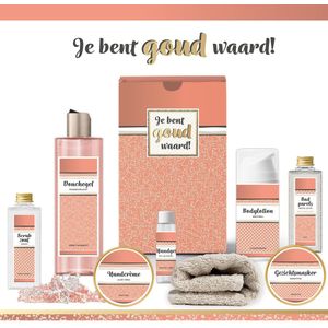 Geschenkset “Je bent goud waard!” - 8 producten - 750 gram | Luxe Cadeaubox voor haar - Wellness Pakket Vrouw - Giftset Vriendin - Moeder - Cadeaupakket Collega - Cadeau Zus - Verjaardag Oma - Moederdag - Kerstpakket - Kerst Cadeau - Goud - Zalmroze