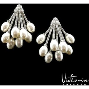 Victoria Valenza Perla Luxe Oorbellen Dames Messing Oorhangers Dames Oorringen - Witte Steen - Kleur Zilver - 1 Paar