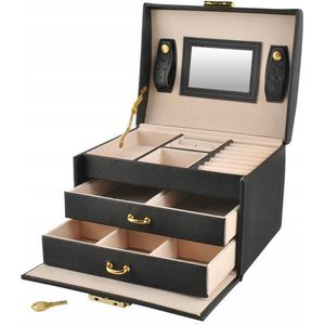 Luxe Sieradenbox Met Spiegel - Bijouteriedoos Opbergbox - Juwelen Opbergdoos - Kunst Leder Zwart