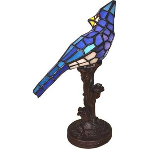 LumiLamp Tiffany Tafellamp Vogel 15*12*33 cm E14/max 1*25W Blauw Glas, Kunststof Tiffany Bureaulamp Tiffany Lampen