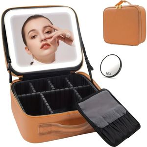 Reis Make-Up Tas met Spiegel LED Verlichting - BRUIN - DROOM CADEAU Beautycase Treinkoffer met Verstelbare Verdelers, Afneembare 10x Vergrotende Spiegel Beautycase Cosmetica Case – Stijlvol Reis Toilettas Waterdicht-UV bestendig Straalt Elegantie Uit