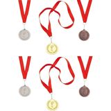 18x stuks sportprijzen medailles goud/zilver/brons aan rood halslint - sportdag - 6x stuks per type