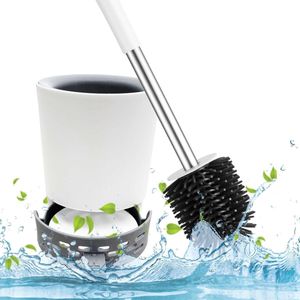 Toiletborstel met afvoerhouderset, flexibele siliconen anti-verstopping anti-druppelborstelkop, wit/grijze kleur met roestvrijstalen handgreep en diatomeeënaarde droogpad (set van 1)