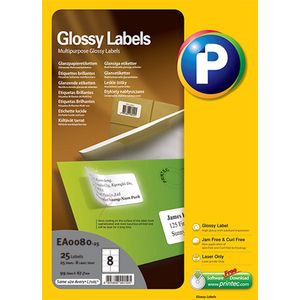 Printec Glanzend etiket - Laser printer - 25 stickervellen - 8 labels per A4 - 200 stickers per doos