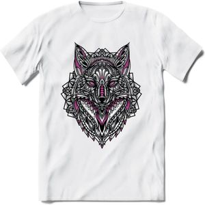 Vos - Dieren Mandala T-Shirt | Roze | Grappig Verjaardag Zentangle Dierenkop Cadeau Shirt | Dames - Heren - Unisex | Wildlife Tshirt Kleding Kado | - Wit - XL