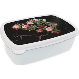 Broodtrommel Wit - Lunchbox - Brooddoos - Kaart - België - Bloemen - 18x12x6 cm - Volwassenen