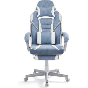 Signature Home Gamestoel met voetsteun - ergonomisch bureaustoel uitschuifbare voetensteun - bureaustoel hoofdkussen - lendenkussen- in hoogte verstelbaar - kantelbare rugleuning - tot 150 kg belastbaar -zeeblauw-crèmewit