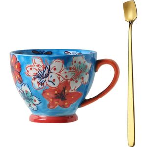 Retro handgeschilderde mok 350 ml - Flower Art kopje koffiekop vintage design hoogwaardige porseleinen mok met gouden lepel