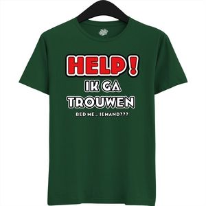 Help! Ik Ga Trouwen | Vrijgezellenfeest Cadeau Man - Groom To Be Bachelor Party - Grappig Bruiloft En Bruidegom Bier Shirt - T-Shirt - Unisex - Bottle Green - Maat XL