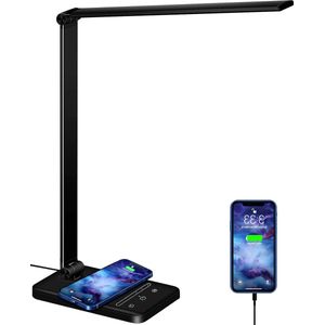 Bureaulamp dimbaar-tafellamp-oogbescherming-5 kleuren-6 helderheidsniveaus-10 W-QI draadloze oplader-USB-aansluiting-voor kantoor
