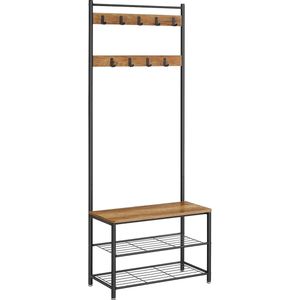 Garderobestandaard Met Schoenenrek, 3 Planken, Hoogte 177 Cm, Industrieel Design, Walnootbruin-Zwart