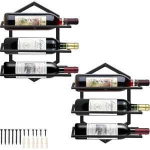 2 stuks metalen wandgemonteerde wijnhouder, wijnglashouder, hangende staande organizer voor 3 flessen, wijnrek, rode wijnrek voor thuis, keuken, bar, displaydecoratie