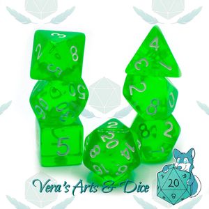 Polyset Dice | Dobbelstenen - Set Van 7 Stuks - Groen Wit Doorzichtig Transparant| Voor D&D en Andere Rollenspellen | Plastic Dobbelstenen Set voor Dungeons and Dragons | Polyhedral Dice Set | Met Mooie Zwarte Velvet Dice Bag voor Ongeveer 3 Sets