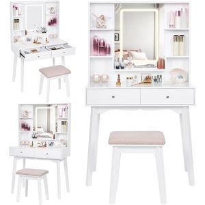 Makeup Table with Lights and Stool in 3 Colors LED Lights Vanity Dressing Table with Mirror 5 Drawers for Girls - White