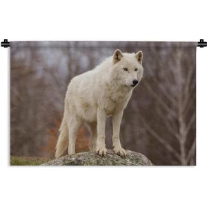 Wandkleed Wolven - Wolf op een steen Wandkleed katoen 90x60 cm - Wandtapijt met foto